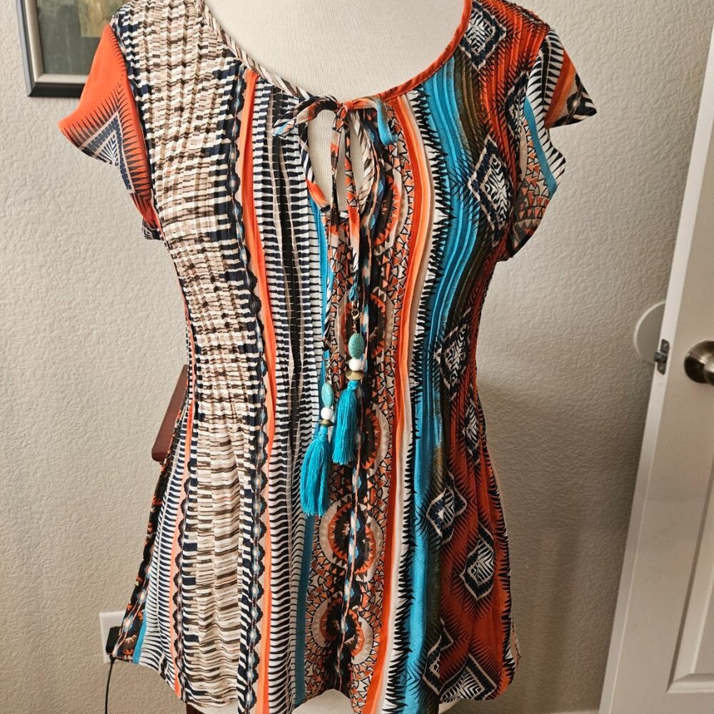 Melissa Paige Petite Large Women's Mulit-Color Rust-Blues with Accent Tassel Top